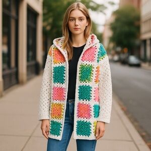 Granny Square Afghan Crochet Cardigan, Hooded Cardigan Handmade Plus Size